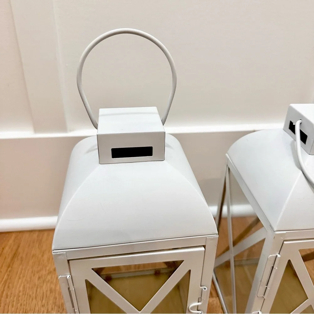 Set Of 2 Medium White Vintage Lanterns W/ Matte Gold Interior Metal & Glass